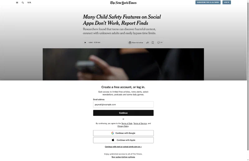 Screenshot of a New York Times page, blocking the reading of the content, asking for account connection to read the page
